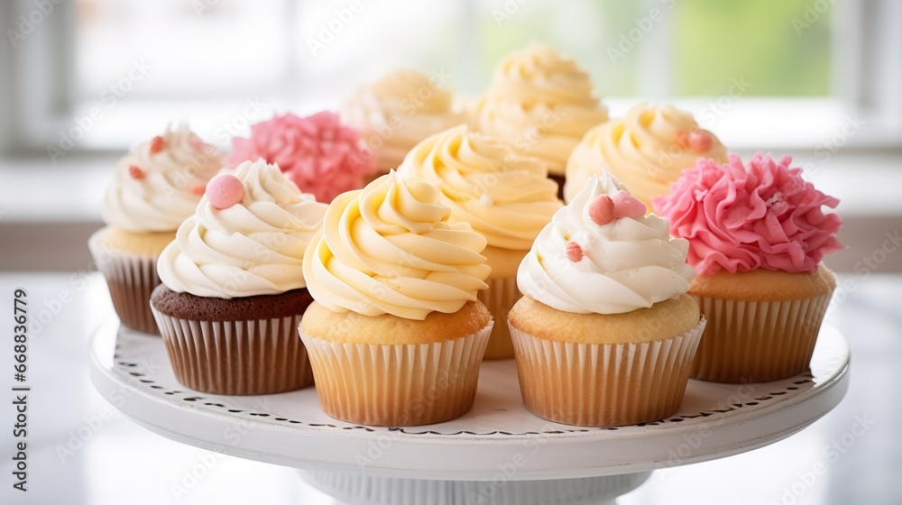 Stand with delicious cupcakes on blurred background, closeup. Delicious dessert Stand with delicious cupcakes on blurred background, closeup. Delicious dessert