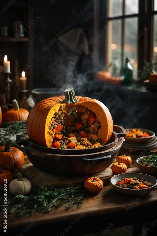baked pumpkin with vegetables and meat