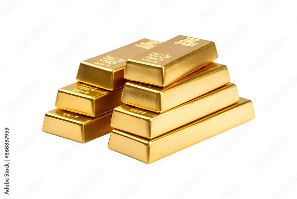 Gold bar stack isolated on a transparent background, Gold bullion stack, Set of gold bars. Generative AI