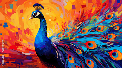 A colorful peacock painting with many feathers photo