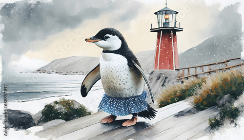 pinguin gezeichnet, Leuchtturm, witzig, spassig, malerei,  photo