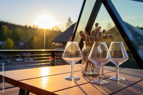 wine glasses on table  a-frame house loft balcony