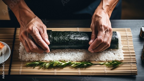  a person holding a sushi roll on top of a bamboo mat next to a plate of sushi and chopsticks on a table with chopsticks.  generative ai