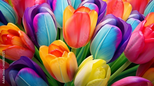 Vibrant tulips in full bloom  arranged in a rainbow spectrum  celebrating the colors of spring.