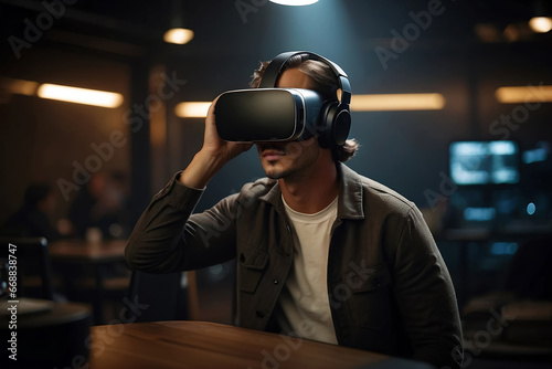a person using a VR headset, virtual reality glasses. generative ai © Mykola