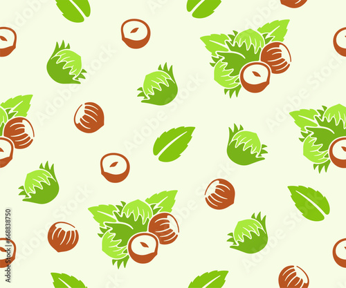 Hazelnut, filbert, cobnut, nut, leaves and plant, seamless vector background, pattern. Nutty, food, meal, nature, fruit, kernel, eating and eat, vector design and illustration
