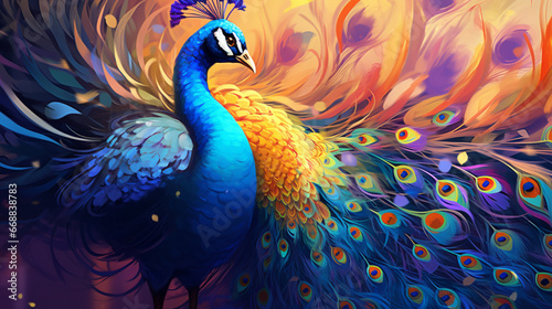 A colorful peacock painting with many feathers