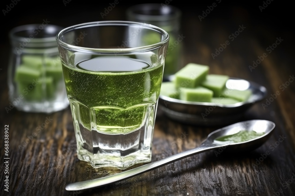 clear glass of absinthe with tea spoon and sugar cubes nearby clear glass of absinthe with tea spoon and sugar cubes nearby