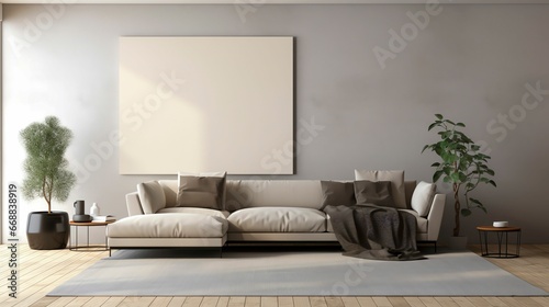 An AI illustration of a contemporary style living room interior with grey walls and wooden flooring  © Wirestock