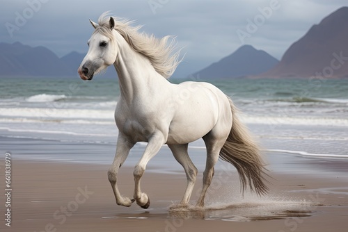  a white horse running on a beach next to the ocean with mountains in the backgrouds of the ocean and a cloudy sky above it is a white horse running on a sandy beach.  generative ai photo