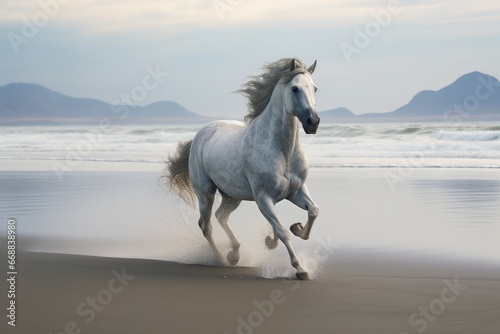  a white horse running on a beach next to the ocean with a mountain range in the backgroup of the picture and the ocean in the foreground.  generative ai