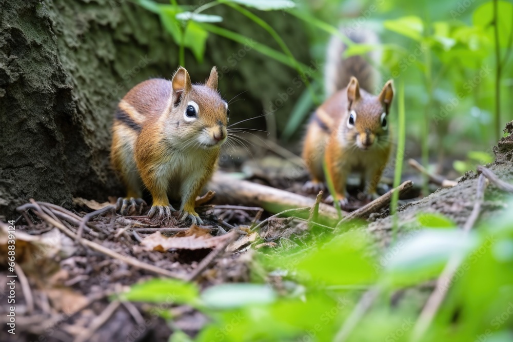 a younger male chipmunk following a mature female a younger male chipmunk following a mature female