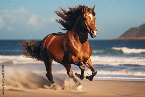  a brown horse running on a beach next to a body of water with a mountain in the background on a sunny day with blue sky and white clouds in the foreground.  generative ai