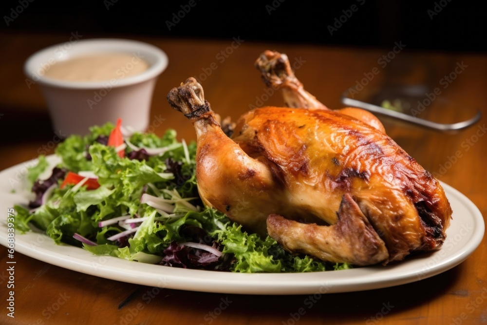 alabama chicken with white bbq sauce alongside green salad