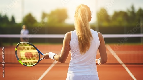 Young woman playing tennis on a sunny day. Sport and healthy lifestyle concept. © Sariyono
