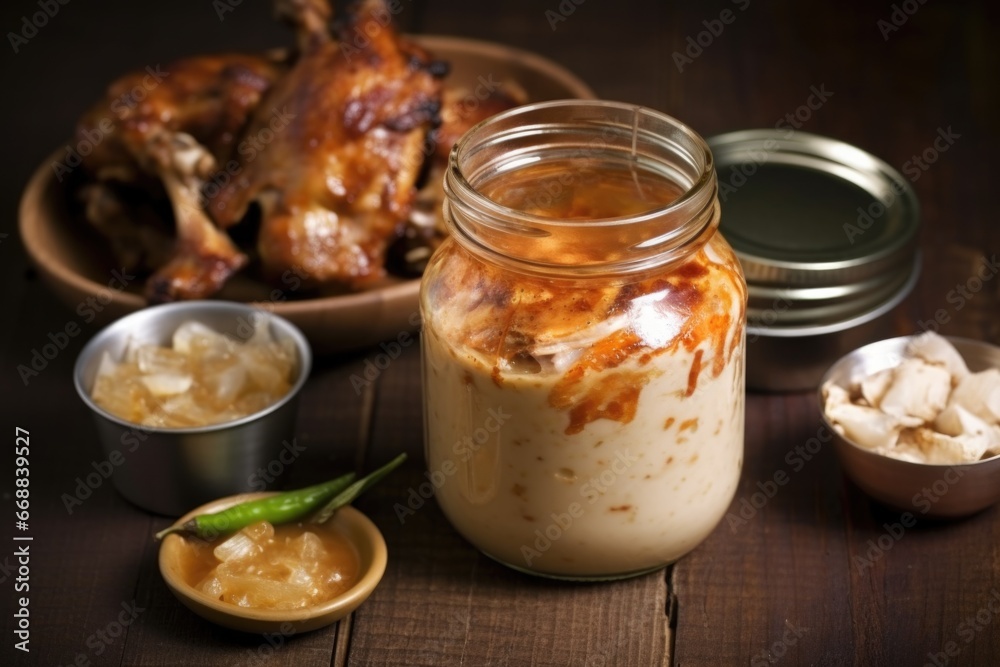 an arrangement of alabama chicken, white bbq sauce in a jar an arrangement of alabama chicken, white bbq sauce in a jar