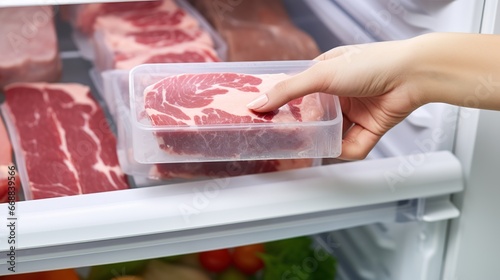 Woman taking meat out of refrigerator, closeup. Food storage concept photo