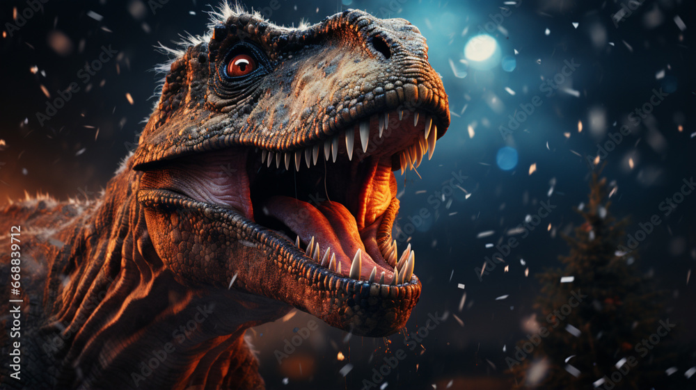 close up of a head of a trex with christmas tree blured background