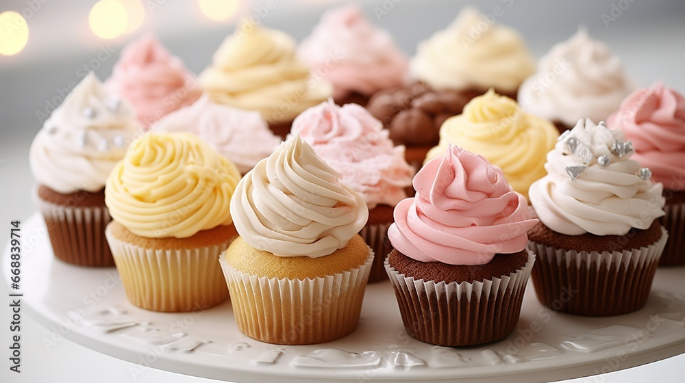 Plate with delicious cupcakes on light background, closeup view