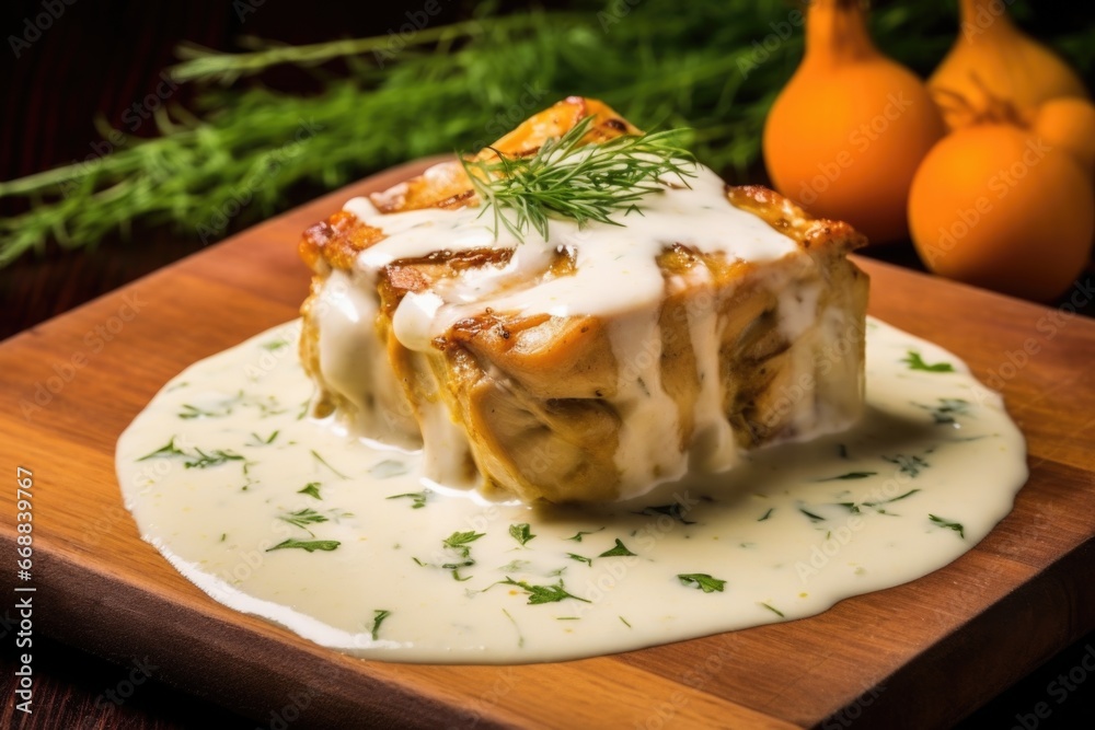 square cropped image of chicken piece soaked in white sauce square cropped image of chicken piece soaked in white sauce