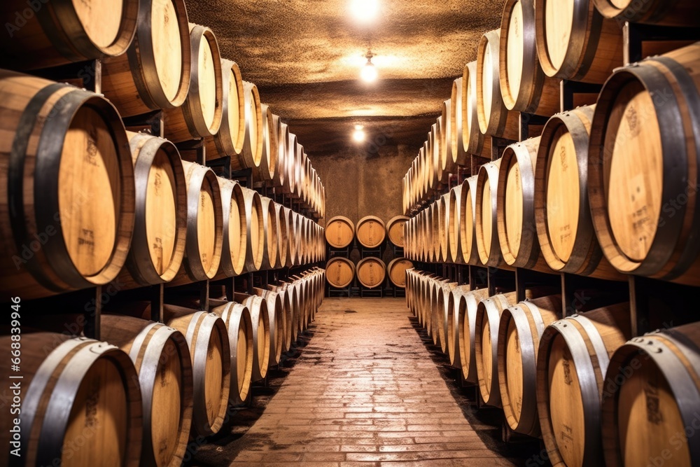 wine barrels stacked in a cellar