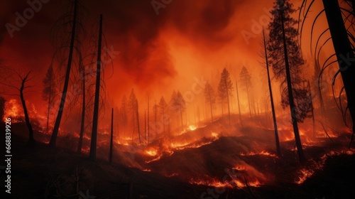 A vivid, intense forest fire engulfs a dense forest, emitting thick black smoke. The flames create an intense glow, casting vivid shades of orange and red. The destructive power of the chaotic nature