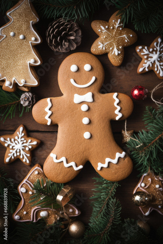 Christmas cookies and gingerbread man on table.