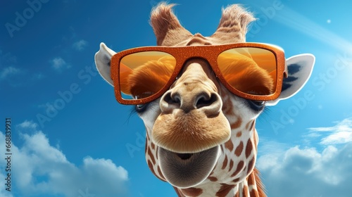 A trendy giraffe with stylish sunglasses, standing gracefully under the sky. Its long neck and vivid fur reflect a hyper-realistic and sharp appearance © Aidas
