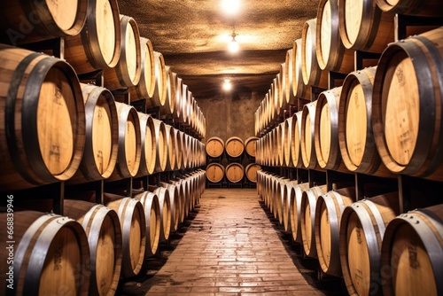 wine barrels stacked in a cellar photo