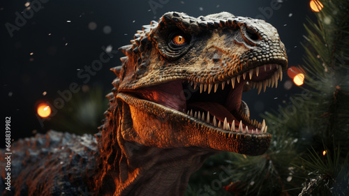 close up of a head of a trex with christmas tree blured background © Ramazan 3D