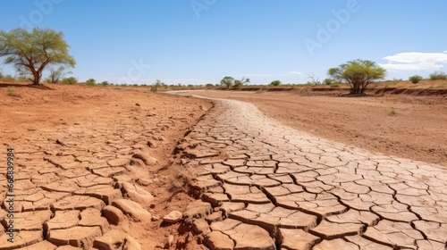 Barren, cracked earth stretches across a dry riverbed in an arid landscape. Drought-stricken vegetation and withered plants depict a waterless, parched environment with brown grass photo