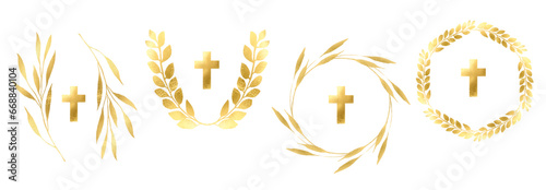 Golden cross and flowers, vector illustration, linear floral border and cross, communion invitation with golden details and a cross on top, Easter holiday, for baptism, first communion, bible phrase
