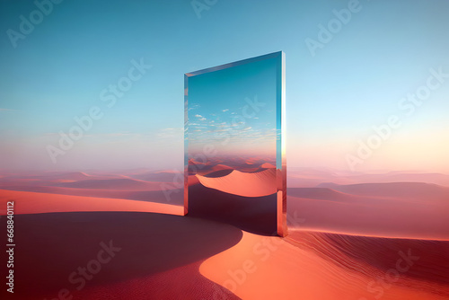 Door made of glass in the desert. 3D render. Abstract background.