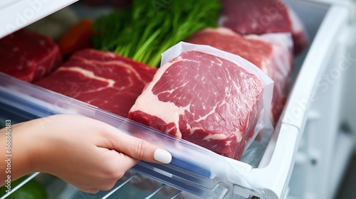 Close-up of female hand taking piece of raw meat from refrigerator
