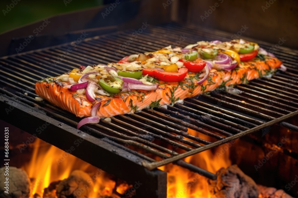apple cider bbq salmon sizzling on hot grill, smoke rising