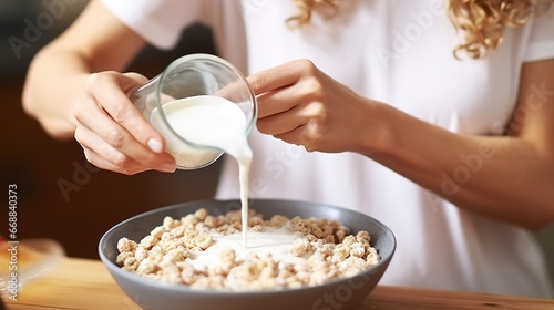 Woman pouring milk into bowl with oatmeal at table, closeup photo