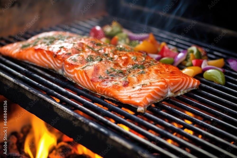 sizzling salmon with apple cider basting on hot grill sizzling salmon with apple cider basting on hot grill