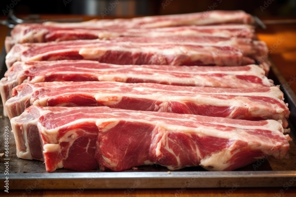 detailed shot of pork rib rack showing fat and meat texture