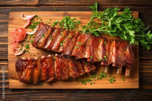 top view of ribs arranged on a wooden board