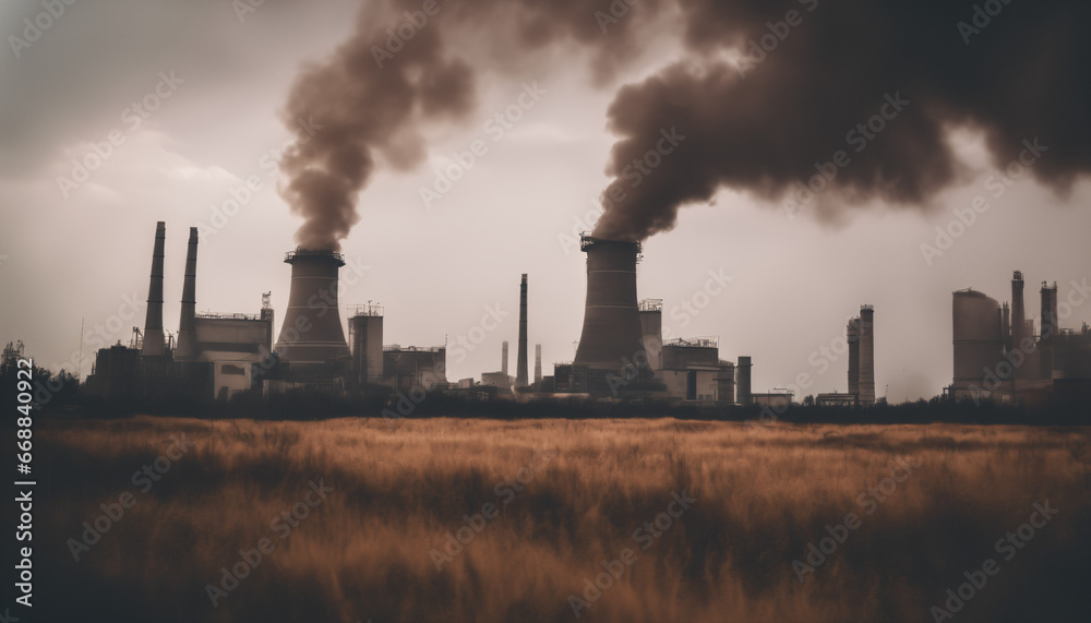 oil power plant with smoke and dirty air-pollution, landscape covered in thick smog oil power plant with smoke and dirty air-pollution, landscape covered in thick smog