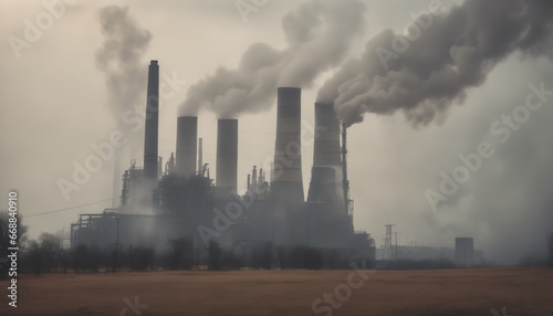oil power plant with smoke and dirty air-pollution  landscape covered in thick smog