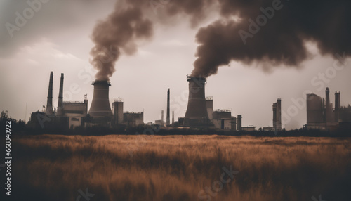 oil power plant with smoke and dirty air-pollution, landscape covered in thick smog
