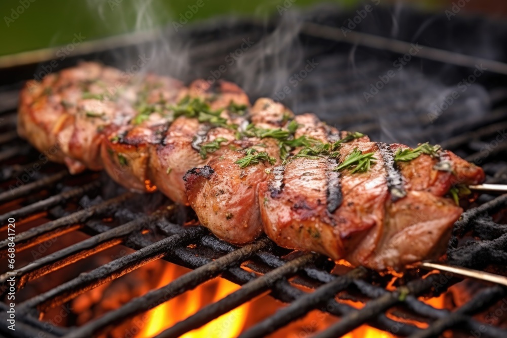 close-up of lamb chop being seasoned on a grill