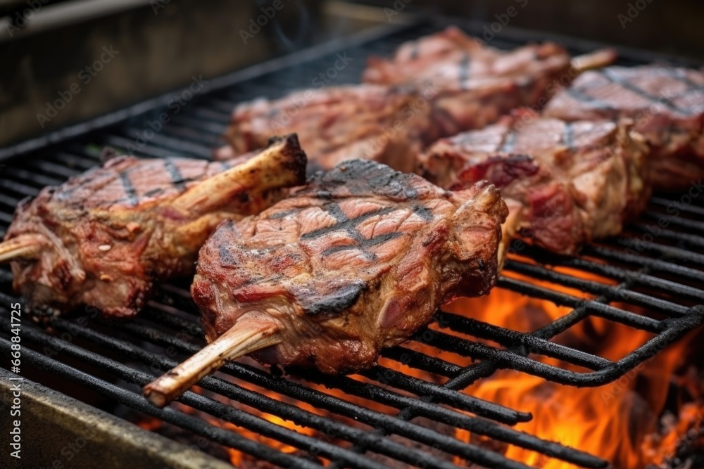 side view of medium-rare lamb chops on a barbecue grill