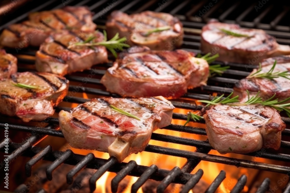lamb chops grilling evenly on a gas barbecue
