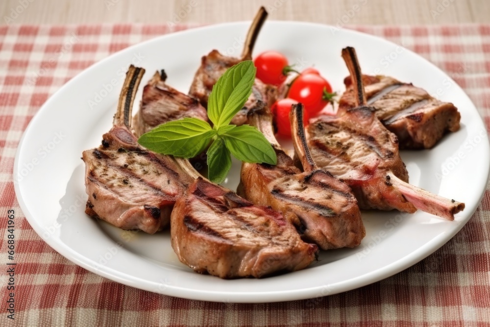 lamb chops with grill marks on porcelain plate lamb chops with grill marks on porcelain plate