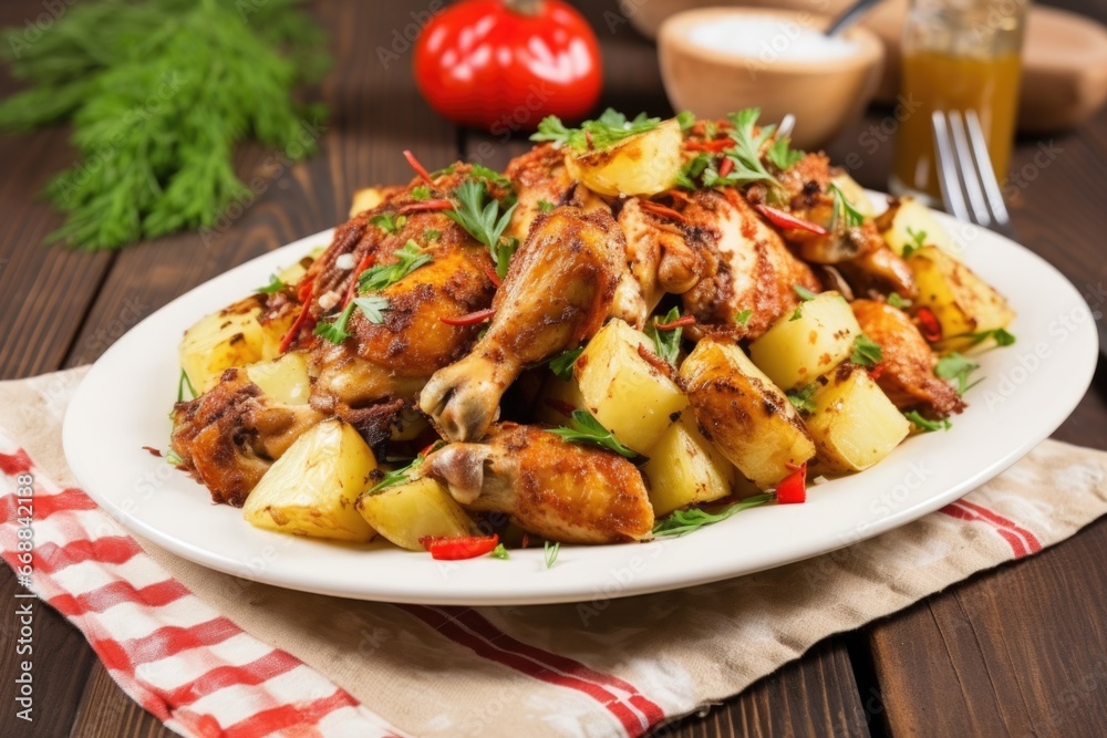 potato salad decorated with barbecued chicken pieces potato salad decorated with barbecued chicken pieces
