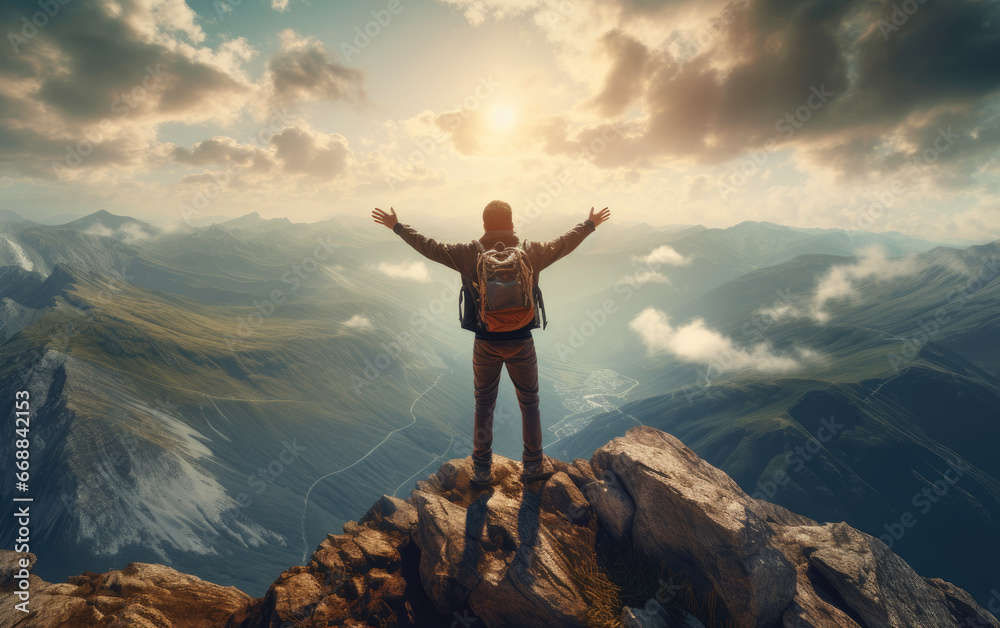 A person standing on the mountaintop overlooking the distance, with hands open A person standing on the mountaintop overlooking the distance, with hands open