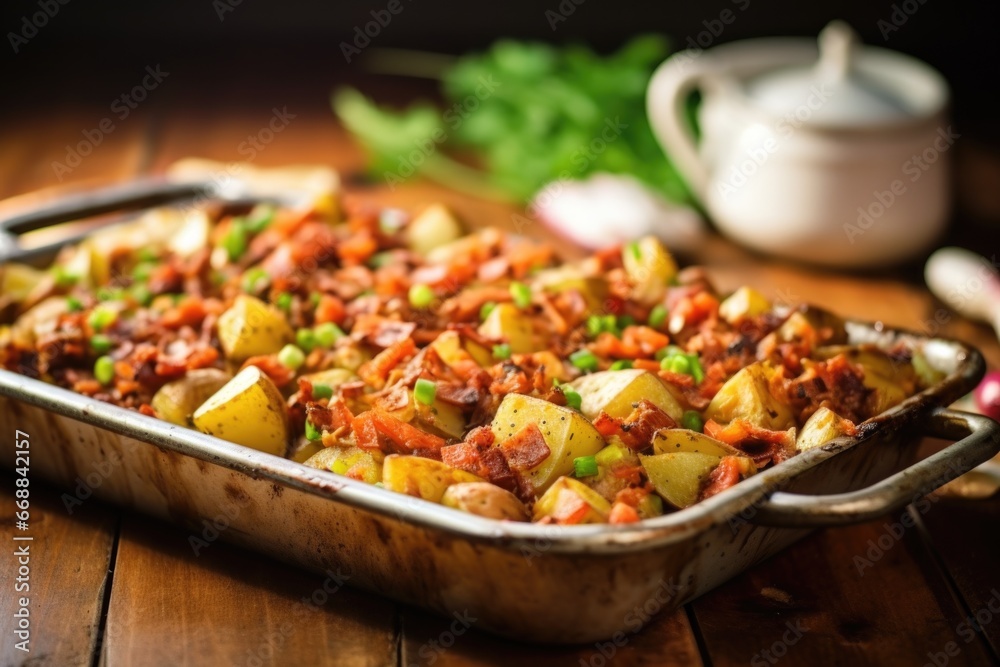 natural light hitting a tray of barbecue potato salad natural light hitting a tray of barbecue potato salad