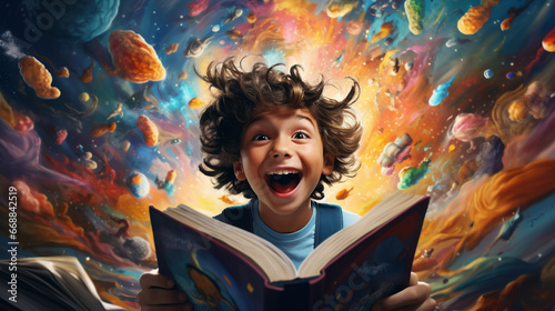 Happy kid of reading books on colorful backgrounds